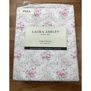 Laura Ashley Full Size Cotton Percale Sheet Set in Pink Ribbon Floral NEW